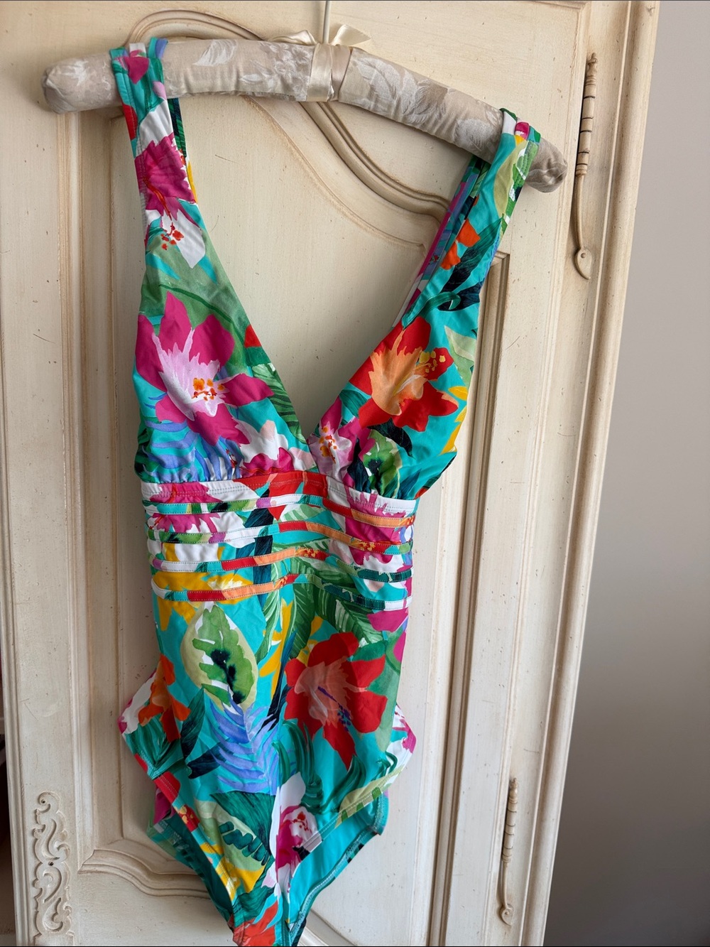 Floral Plunge One-Piece Swimsuit in Teal Multi